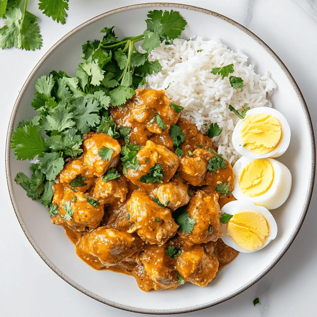 A plate of vibrant Churu Chicken Amarillo served with fluffy white rice, fresh cilantro, and sliced hard-boiled eggs, styled on a white dish.