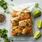 Raw chicken breasts marinating in a resealable bag with fresh cilantro, lime, and spices on a light gray surface with lime wedges and black pepper nearby.