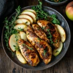 Plate of apple and honey-glazed chicken tenders garnished with fresh thyme and apple slices, beautifully arranged on a rustic wooden table.