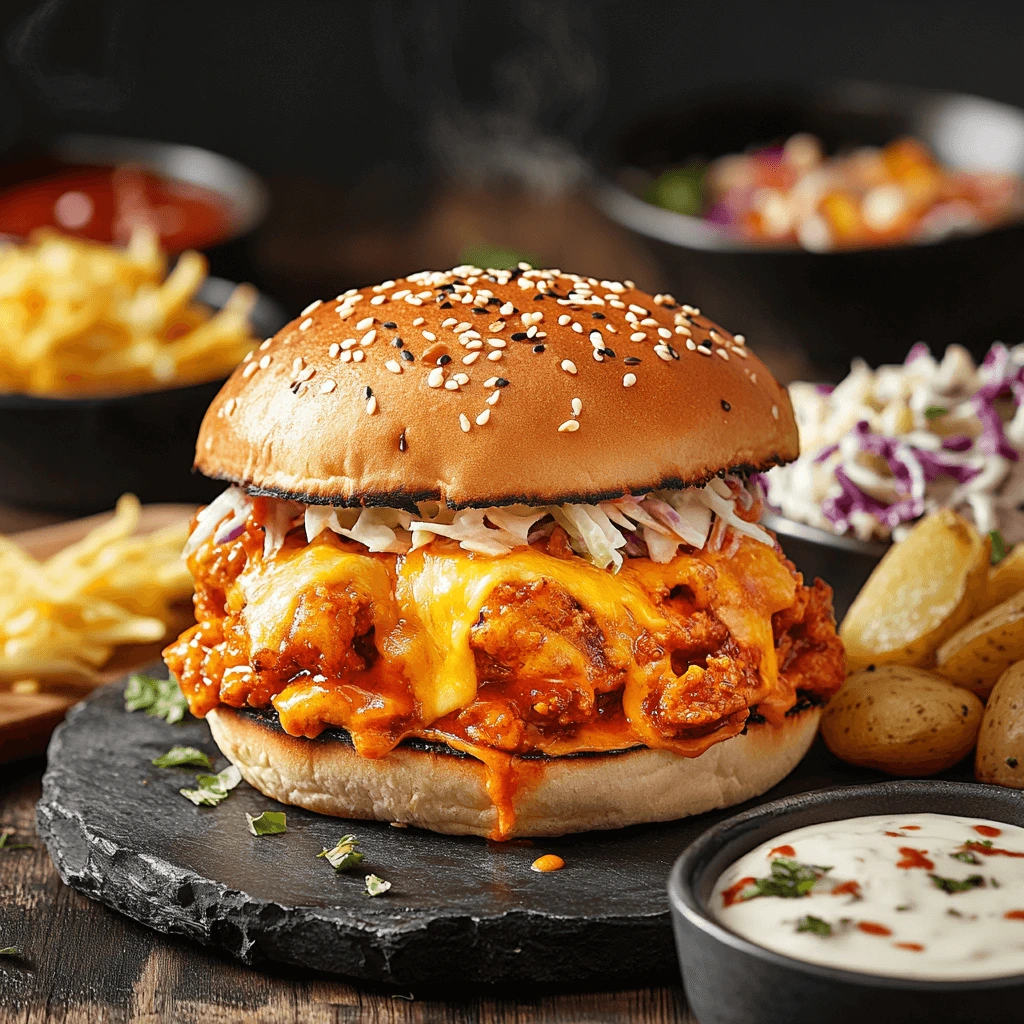 A cheesy chicken Sloppy Joe served on a sesame bun, topped with melted cheese and coleslaw, accompanied by potato wedges, fries, and coleslaw in the background.