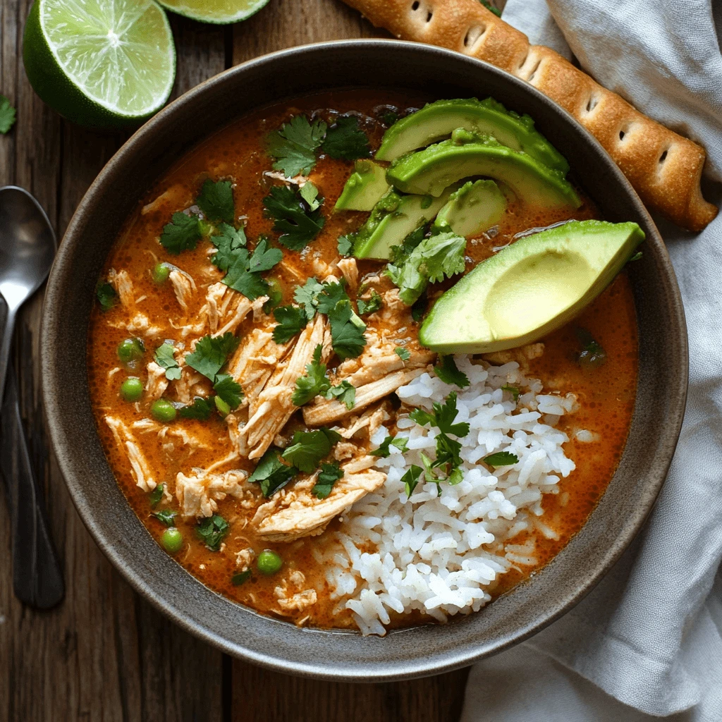 A hearty bowl of spicy chicken soup with shredded chicken, white rice, green peas, sliced avocado, fresh cilantro, and lime wedges, served on a rustic wooden table with a breadstick and a spoon nearby.