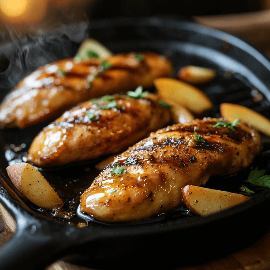 Grilled chicken tenders with a shiny apple and honey glaze, garnished with fresh herbs and apple wedges, sizzling on a cast-iron skillet.