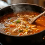 A steaming pot of spicy chicken soup with rice, featuring shredded chicken, colorful vegetables, and a rich, spiced broth being stirred with a wooden spoon.