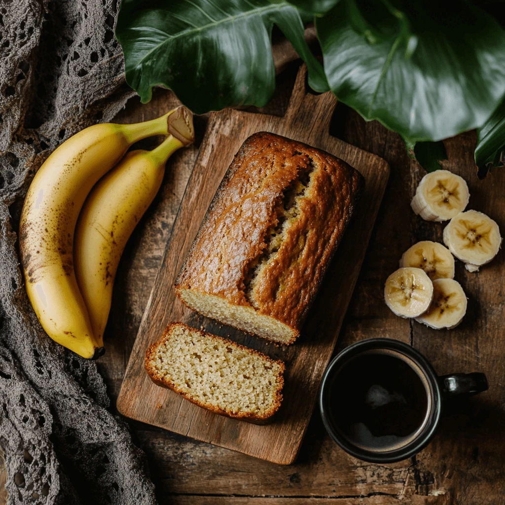 A rustic presentation of a freshly baked banana bread loaf sliced on a wooden board, accompanied by ripe bananas, sliced bananas, and a cup of coffee.