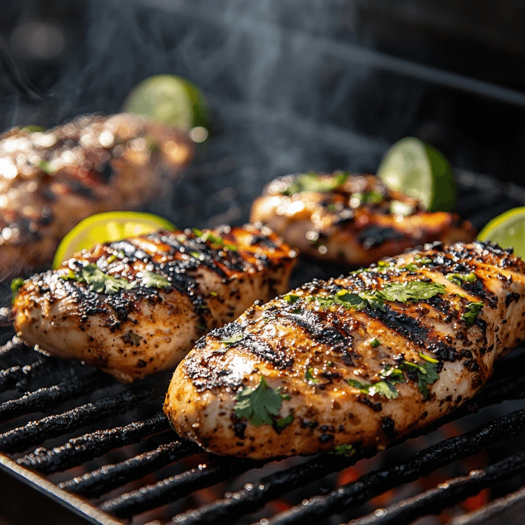 Perfectly grilled San Antonio-style Mexican chicken breasts with char marks, garnished with fresh cilantro and lime wedges, sizzling on a grill with smoke rising.