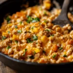 A skillet filled with cheesy chicken Sloppy Joe filling, including ground chicken, melted cheese, diced vegetables, and garnished with fresh herbs.