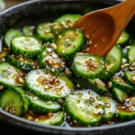 A close-up view of marinated cucumber slices garnished with sesame seeds, coated in a glossy soy-based dressing, and served in a dark bowl with a wooden spoon.