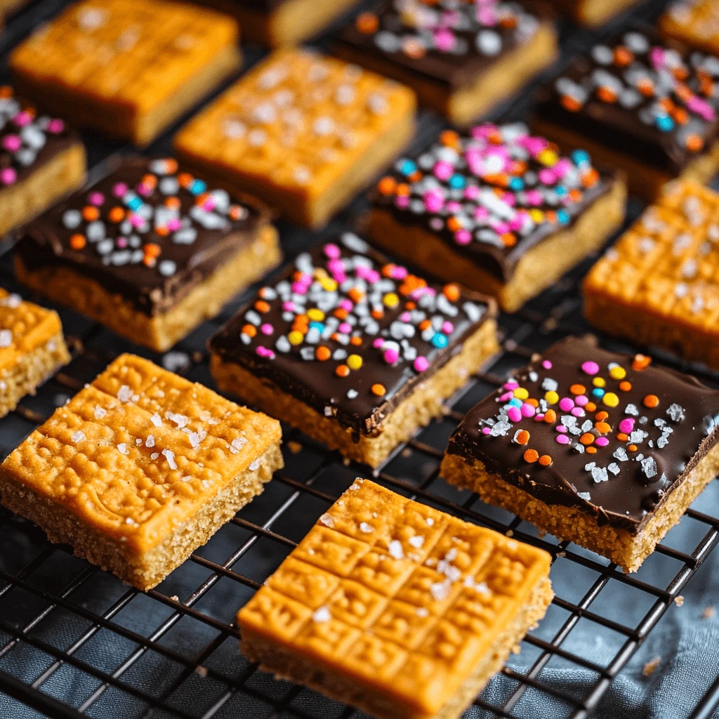 Close-up of finished Cheez-It peanut butter and chocolate snacks on a cooling rack, topped with colorful sprinkles and sea salt.