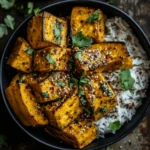 A close-up of a bowl filled with golden roasted kabocha squash cubes, garnished with sesame seeds, chili flakes, and fresh cilantro, served over a bed of steamed white rice.