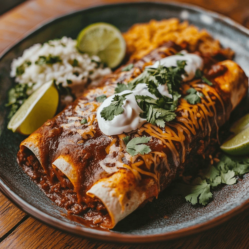 A plate of two Boulders Enchilada topped with red sauce, melted cheese, sour cream, and fresh cilantro, served with Mexican rice, lime wedges, and a side of cilantro-lime rice.