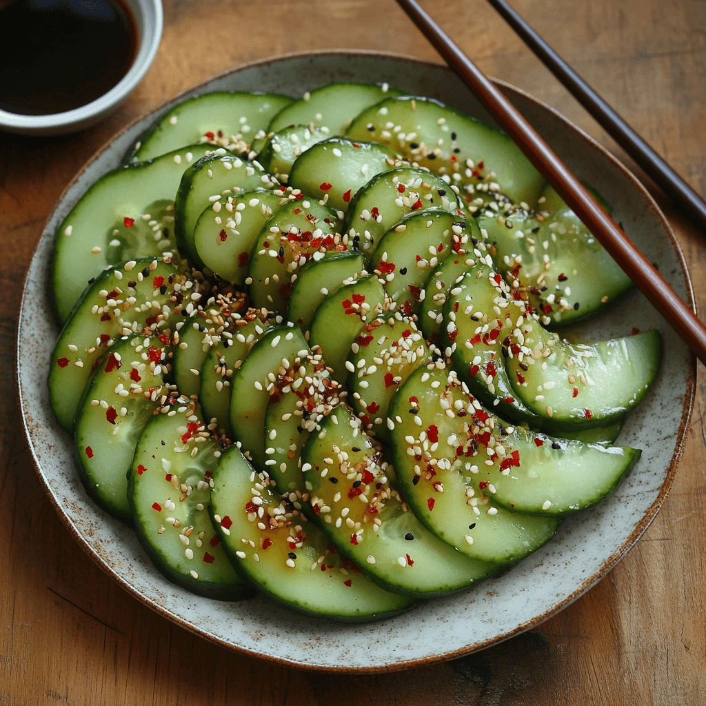 A plate of beautifully arranged marinated cucumber slices, garnished with sesame seeds and chili flakes, served with chopsticks and soy sauce on the side.