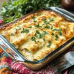 Freshly baked Boulders Enchilada in a glass casserole dish topped with melted golden cheese and garnished with chopped cilantro on a colorful cloth.