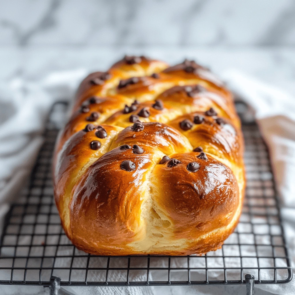 Freshly baked golden-brown braided chocolate chip brioche resting on a cooling rack, with a glossy finish and chocolate chips scattered on top.