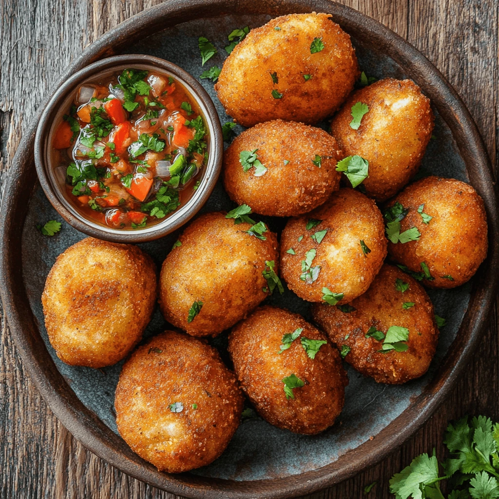 Golden-brown fried Papas Rellenas served on a rustic plate, garnished with fresh parsley and accompanied by a bowl of pebre salsa.