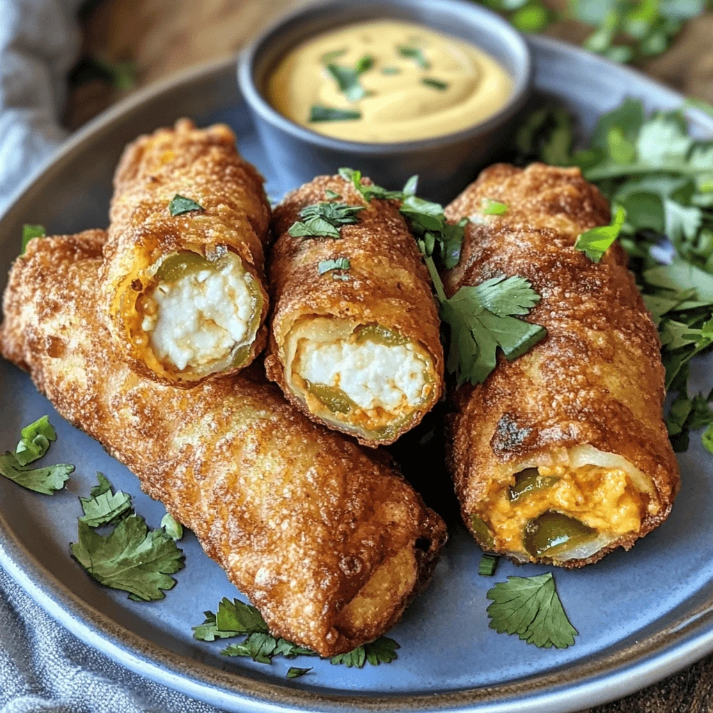 Golden and crispy goat cheese jalapeño egg rolls on a plate, garnished with fresh cilantro and served with a creamy dipping sauce.