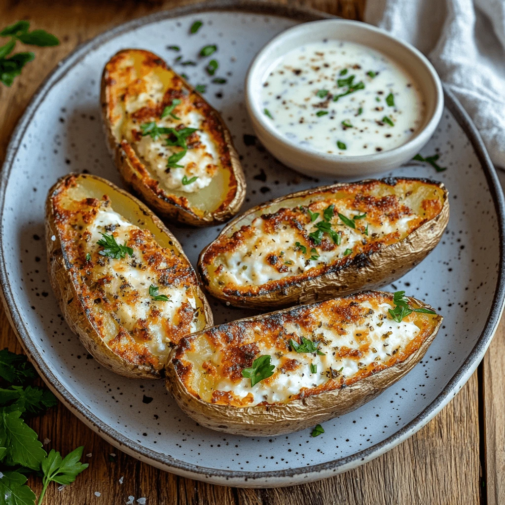 Plated crispy air fryer potato skins stuffed with cottage cheese, garnished with fresh parsley, and served with a creamy dipping sauce.