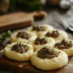 Step-by-step preparation of Papas Rellenas showing mashed potato discs filled with seasoned ground beef, garnished with parsley on a wooden board.