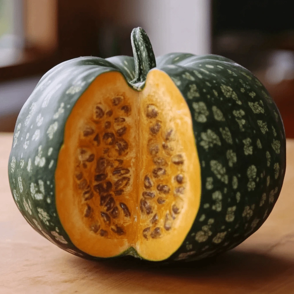 A whole kabocha squash cut in half to reveal its vibrant orange flesh and seeds, placed on a wooden surface.
