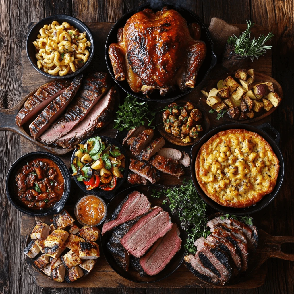 A beautifully arranged BBQ feast on a rustic wooden table, featuring smoked brisket, whole smoked chicken, grilled lamb chops, smoked mac and cheese, roasted vegetables, and other wood-fired dishes.