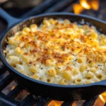 A cast-iron skillet filled with creamy, golden-brown smoked mac and cheese, sitting on a grill with flames in the background.