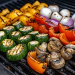 A colorful mix of grilled vegetables, including zucchini, mushrooms, bell peppers, and onions, seared to perfection with smoky grill marks.