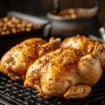 Golden-brown smoked whole chickens resting on a grill, coated with a flavorful seasoning blend, glistening under warm lighting.