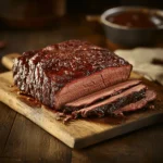 A perfectly smoked beef brisket, sliced on a wooden cutting board, revealing a juicy, tender interior with a dark, flavorful bark.