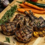 Juicy lamb chops with a perfect sear, garnished with fresh rosemary, served on a wooden board with grilled vegetables in the background.