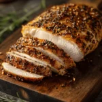 Juicy, sliced smoked turkey breast on a wooden cutting board, seasoned with a flavorful crust of herbs and spices.