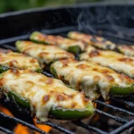 Smoked jalapeño poppers stuffed with creamy melted cheese, sizzling on a grill with flames in the background.