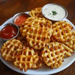A plate of crispy, golden-brown waffle fries served with three dipping sauces, including ketchup and a creamy ranch-style dip, on a wooden table.