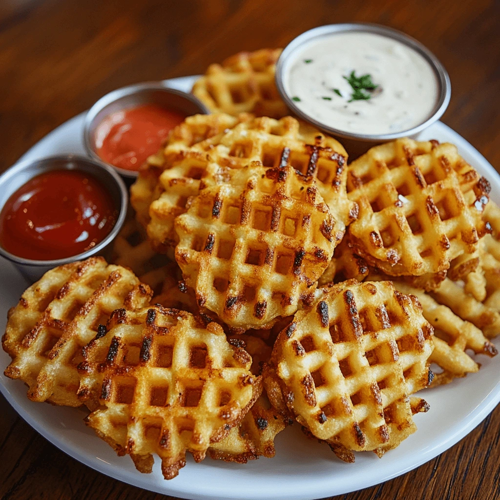 A plate of crispy, golden-brown waffle fries served with three dipping sauces, including ketchup and a creamy ranch-style dip, on a wooden table.