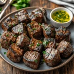 A serving plate with perfectly seared steak bites, garnished with fresh parsley, accompanied by a small dish of garlic butter sauce on a rustic wooden table.