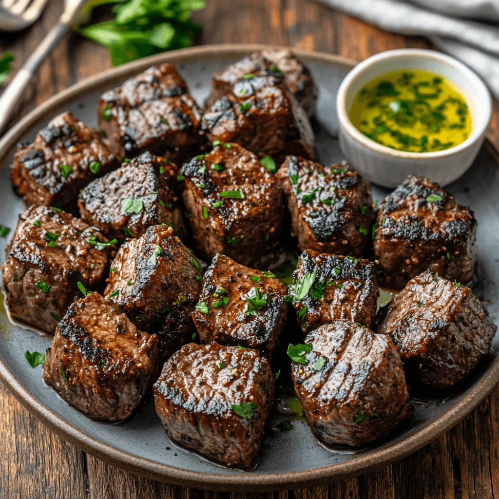 A serving plate with perfectly seared steak bites, garnished with fresh parsley, accompanied by a small dish of garlic butter sauce on a rustic wooden table.