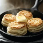 Freshly baked golden brown biscuits in a cast iron skillet, with a melting pat of butter on top and steam rising, highlighting their flaky layers.