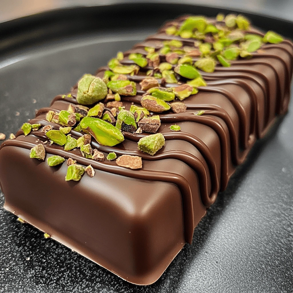 A luxurious handcrafted chocolate bar coated in smooth dark chocolate, drizzled with additional chocolate, and topped with crushed pistachios on a black plate.